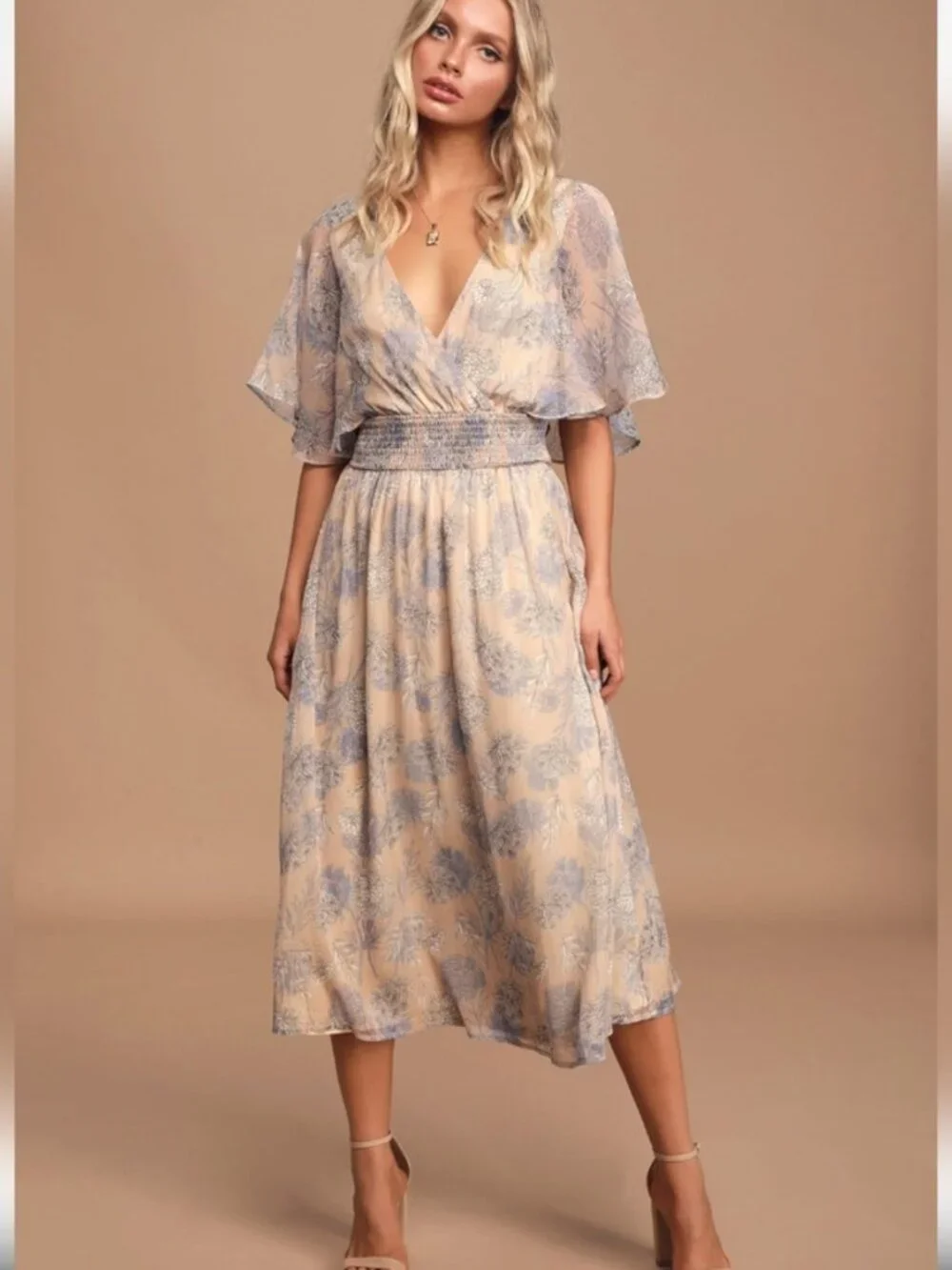 NWT Lulus Subtle Romance Beige Floral Print Ruffled Midi Dress - Women's X-Large